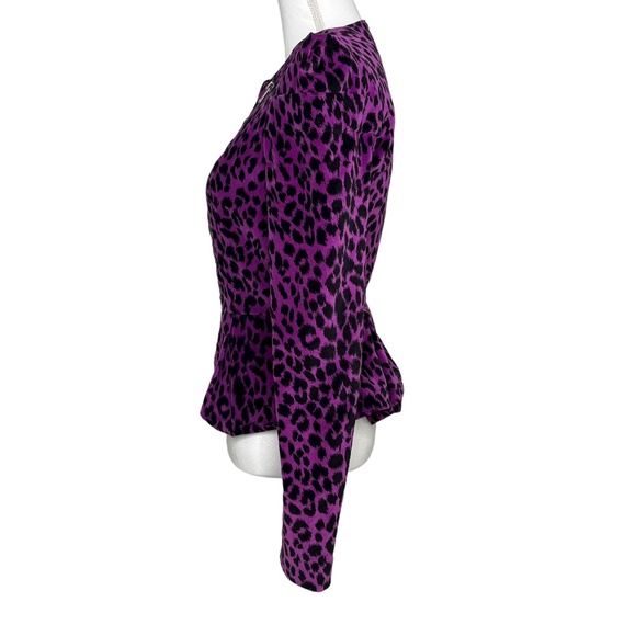 Betsy Johnson Velveteen Puff Sleeve Peplum Jacket Leopard Purple Size US 2 - Picture 7 of 12